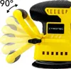 A close-up of a yellow and black power tool, likely a sander, with its handle shown in multiple positions to demonstrate adjustability. Produktbild-Vorschau