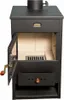 A front view of a black wood-burning stove with its door open. Anteprima dell’immagine prodotto