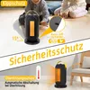 A heater is shown with safety features highlighted, including tilt protection and overheat protection. Children are in the background. Anteprima dell’immagine prodotto