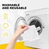 A hand holds a white microfiber cloth in front of an open washing machine. Produktbild-Vorschau