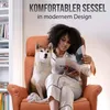 A woman and a dog are sitting in a chair, reading a book. Produktbild-Vorschau