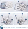 A collage of four images showing the assembly process of a shower stool. Produktbild-Vorschau
