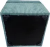 The underside of a teal corduroy ottoman with black corner protectors. Produktbild-Vorschau