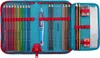 An open pencil case filled with colored pencils, pens, a ruler, an eraser, and a sharpener. Voir les images du produit