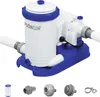 A white and blue Bestway Flowclear cartridge filter pump for swimming pools is shown against a white background. Several accessories are displayed below the main product. Voir les images du produit