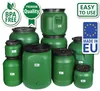 A collection of green plastic barrels of various sizes with black lids, displayed together with marketing labels. Produktbild-Vorschau
