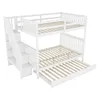 A white bunk bed with a pull-out trundle bed and storage stairs, shown against a white background. Voir les images du produit