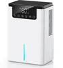 A white dehumidifier with a black top and a digital display.