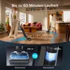 A living room scene with two people using a wet dry vacuum cleaner, along with close-up shots of the water tank and battery life. Produktbild-Vorschau