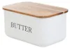 A white butter dish with a wooden lid, labeled "BUTTER". Produktbild-Vorschau