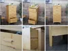 A collage of images showing a bamboo dresser from different angles, including close-ups of drawers and legs. Produktbild-Vorschau