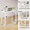 A white folding desk with a laptop, lamp, and plant on it, shown with feature callouts. Produktbild-Vorschau
