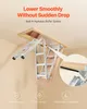 A folding attic ladder is shown partially deployed from a ceiling opening, with a close-up inset highlighting its hydraulic buffer system. Anteprima dell’immagine prodotto