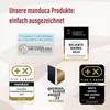 Marketing image showcasing awards and certifications for Manduca products. Produktbild-Vorschau
