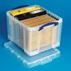 A clear studio shot of a transparent storage box filled with files and a level, placed on its lid. Produktbild-Vorschau