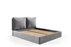 A grey upholstered bed frame with a slatted wooden base and two large square headboard cushions, shown against a white background. Produktbild-Vorschau