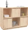 A wooden sideboard with multiple compartments, some open and some with doors, displaying various items like plates, jars, and cups. Anteprima dell’immagine prodotto