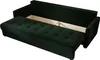 A dark green sofa bed with its storage compartment open, showing the interior. Produktbild-Vorschau