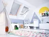A child's bedroom with a teepee, bed, and skylights. Produktbild-Vorschau
