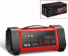 A red and black battery charger is shown in front of a white background, with its packaging box in the upper right corner. Produktbild-Vorschau