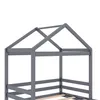 Close-up view of the top part of a grey wooden house-shaped bed frame. Produktbild-Vorschau