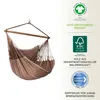 A brown hammock chair is shown hanging, with various certification logos and text on the right side. Produktbild-Vorschau