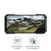 A smartphone screen displaying a mountain landscape, encased in a protective case, with feature icons below. Produktbild-Vorschau
