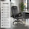 A black office chair is shown in a room with a desk and a plant. A panel on the left describes the chair's features. Produktbild-Vorschau