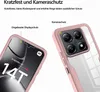 A close-up view of a pink phone case, highlighting its protective features for the screen and camera. Produktbild-Vorschau