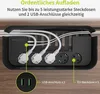 A black cable management box with multiple power outlets and USB ports, with cables plugged in. Text overlays describe its features. Produktbild-Vorschau