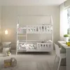 A white wooden bunk bed with bedding in a child's room. Produktbild-Vorschau