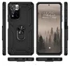 A collage of images showing a black phone case from multiple angles, including the front with a phone screen, the back with a ring holder, and the bottom with ports. Produktbild-Vorschau