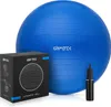 A blue Gymtek gymnastics ball is shown with its packaging box and a black pump. Voir les images du produit