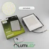 A product shot of a LUMILED LED floodlight and its packaging, with marketing text and a close-up of the LED array. Produktbild-Vorschau