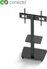 A black TV stand with a TV mount and two shelves, shown against a white background. Produktbild-Vorschau
