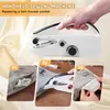 A collage showing a handheld sewing machine and three steps for repairing a torn trouser pocket. Produktbild-Vorschau