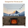 A TV stand with an electric fireplace, showing different TV sizes that can fit on top. Produktbild-Vorschau