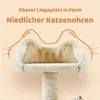 A close-up of the top platform of a cat tree, designed to look like cat ears, with text overlay describing its features. Produktbild-Vorschau