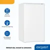 A white refrigerator with feature icons and text on a white and orange background. Produktbild-Vorschau