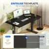 A modern black standing desk with a monitor, laptop, and keyboard, set in a home office environment. The bottom half of the image is a comparison graphic. Náhled obrázku produktu