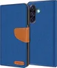 A blue flip case for a Samsung Galaxy A56 5G phone is shown open, revealing the inside flap and the back of the phone with its camera module. Anteprima dell’immagine prodotto