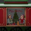 A festive Christmas scene inside a train wagon, featuring two elves, a Christmas tree, presents, and a teddy bear. Produktbild-Vorschau