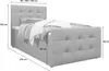 A grey upholstered bed with a headboard, shown with dimensions indicated by lines and numbers. Produktbild-Vorschau