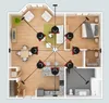 A floor plan of an apartment with multiple robotic vacuum cleaners shown in different rooms, connected by lines to a central point. Náhled obrázku produktu