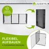 A marketing image showing a black metal pet gate in various configurations, with text and arrows illustrating its features. Náhled obrázku produktu