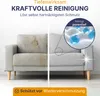 A split image showing a dirty sofa on the left and a clean sofa on the right, with a close-up inset showing cleaning agents. Produktbild-Vorschau