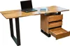 A wooden desk with a live edge top and black metal legs, featuring three drawers, one of which is open. Produktbild-Vorschau