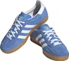 A pair of blue Adidas Gazelle Indoor sneakers with white stripes and laces, set against a white background. Produktbild-Vorschau