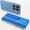 A blue smartphone with a clear view flip case is shown from two angles against a white background. Produktbild-Vorschau