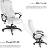 A white office chair is shown from multiple angles, with text describing its features. Produktbild-Vorschau